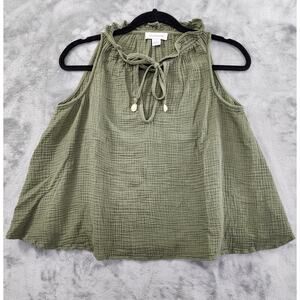 Calligraphie Ruffled Tie Neck Sleeveless Swing Tank Top Size S Green Seashell